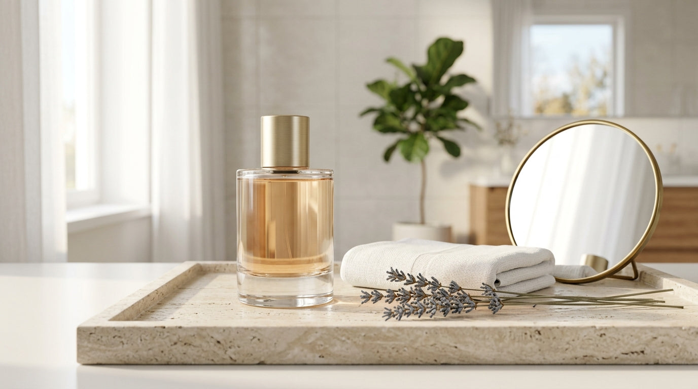 Flacon de parfum à phéromones sur un plateau de salle de bain, dans une lumière douce du matin.