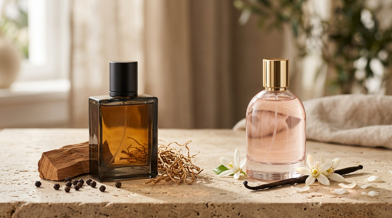 Parfum pour homme aux notes boisées à côté d’un parfum pour femme aux notes florales et vanillées.