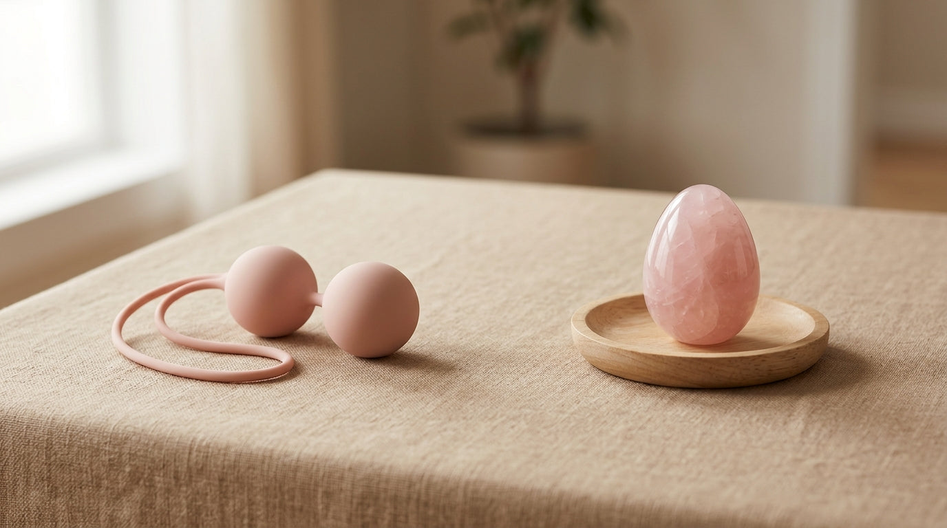 Boules de geisha en silicone rose à côté d’un œuf de yoni en quartz rose, sur du lin beige.