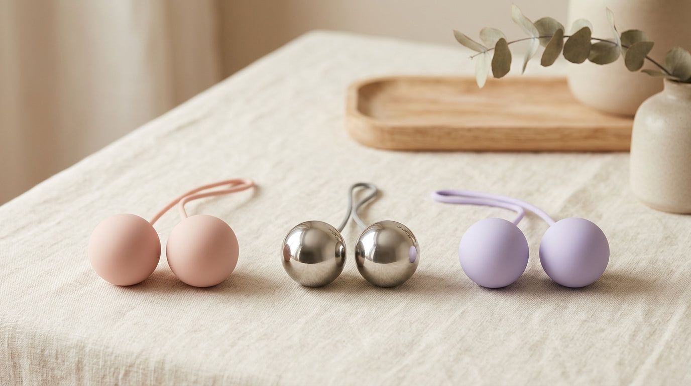 Trois paires de boules de geisha en silicone et en acier, posées côte à côte sur du lin crème.