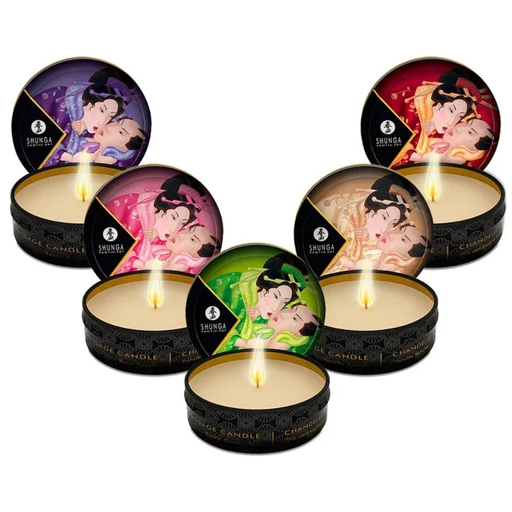 Un ensemble de mini bougies de massage Shunga disposées sur fond blanc.