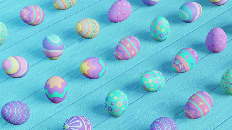 Colorful decorative Easter eggs arranged on a blue wooden background in a repeating pattern.