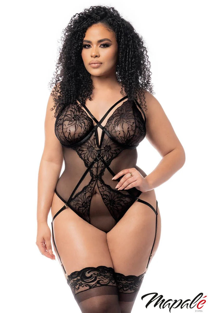 Teddy avec porte-jarretelle en mesh bordé de dentelle - Mapalé