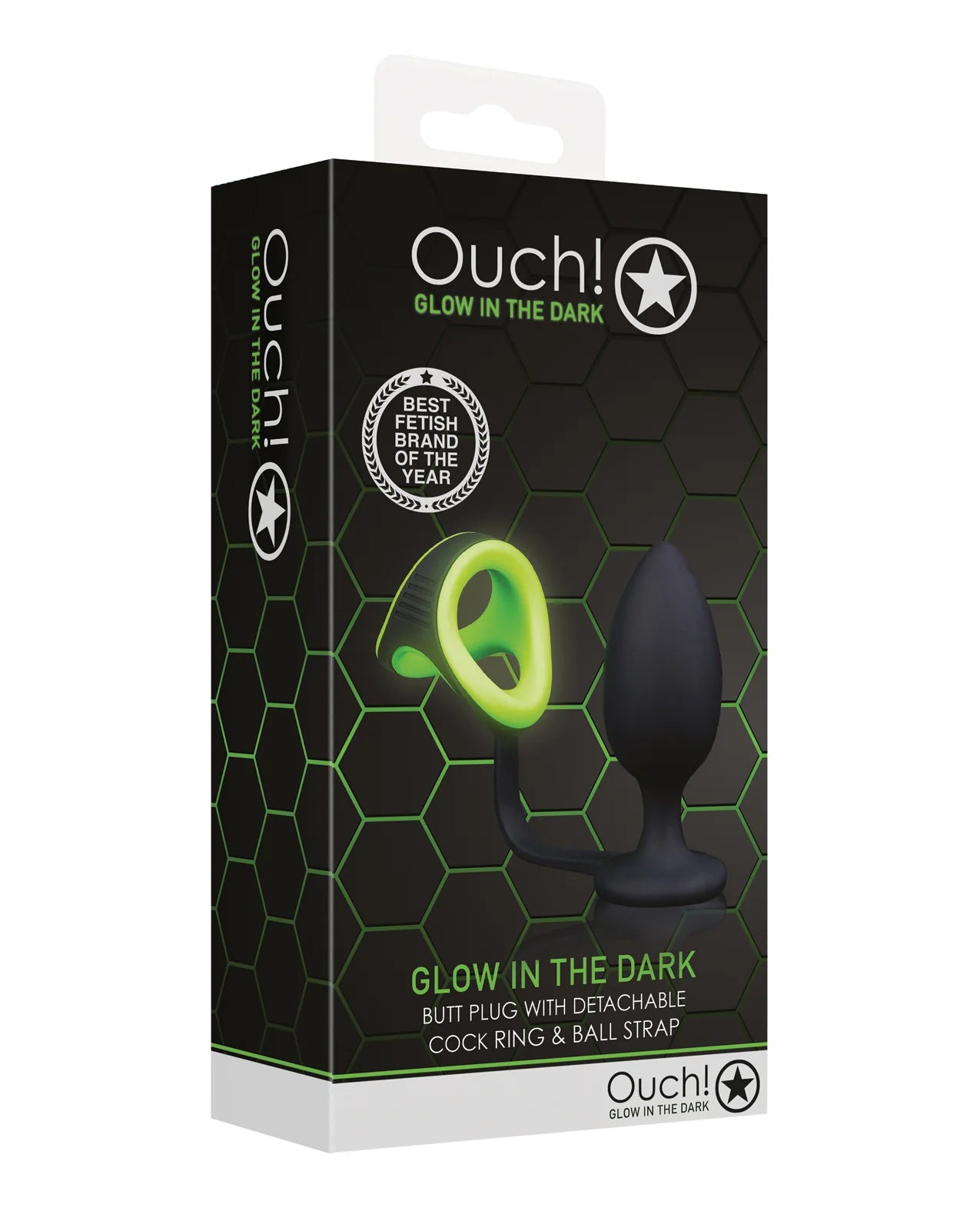 Plug anal avec anneau pénien et sangle testiculaire phosphorescent - Ouch!