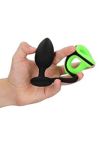 Plug anal avec anneau pénien et sangle testiculaire phosphorescent - Ouch!