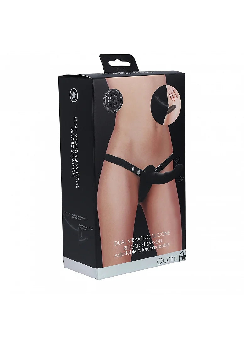 Harnais vibrant double pour stimulation partagée avec dildo rainuré intégré - Ouch!